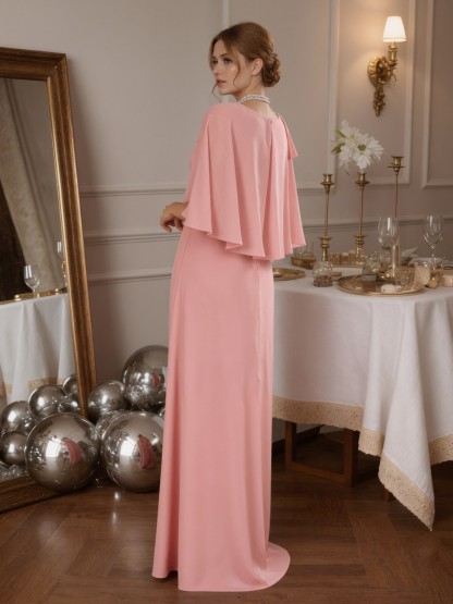 A-Line Crew Neck Chiffon Floor-Length Cape Sleeve Mother of the Bride Dress