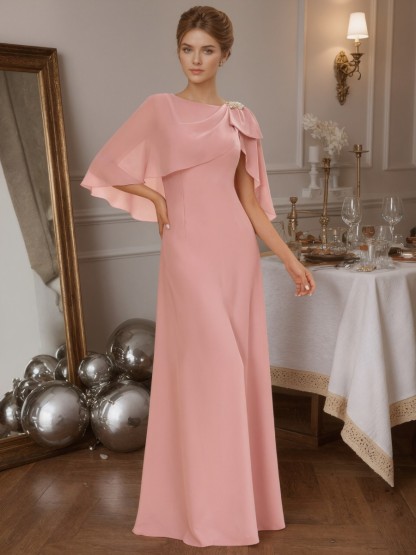 A-Line Crew Neck Chiffon Floor-Length Cape Sleeve Mother of the Bride Dress