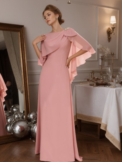 A-Line Crew Neck Chiffon Floor-Length Cape Sleeve Mother of the Bride Dress