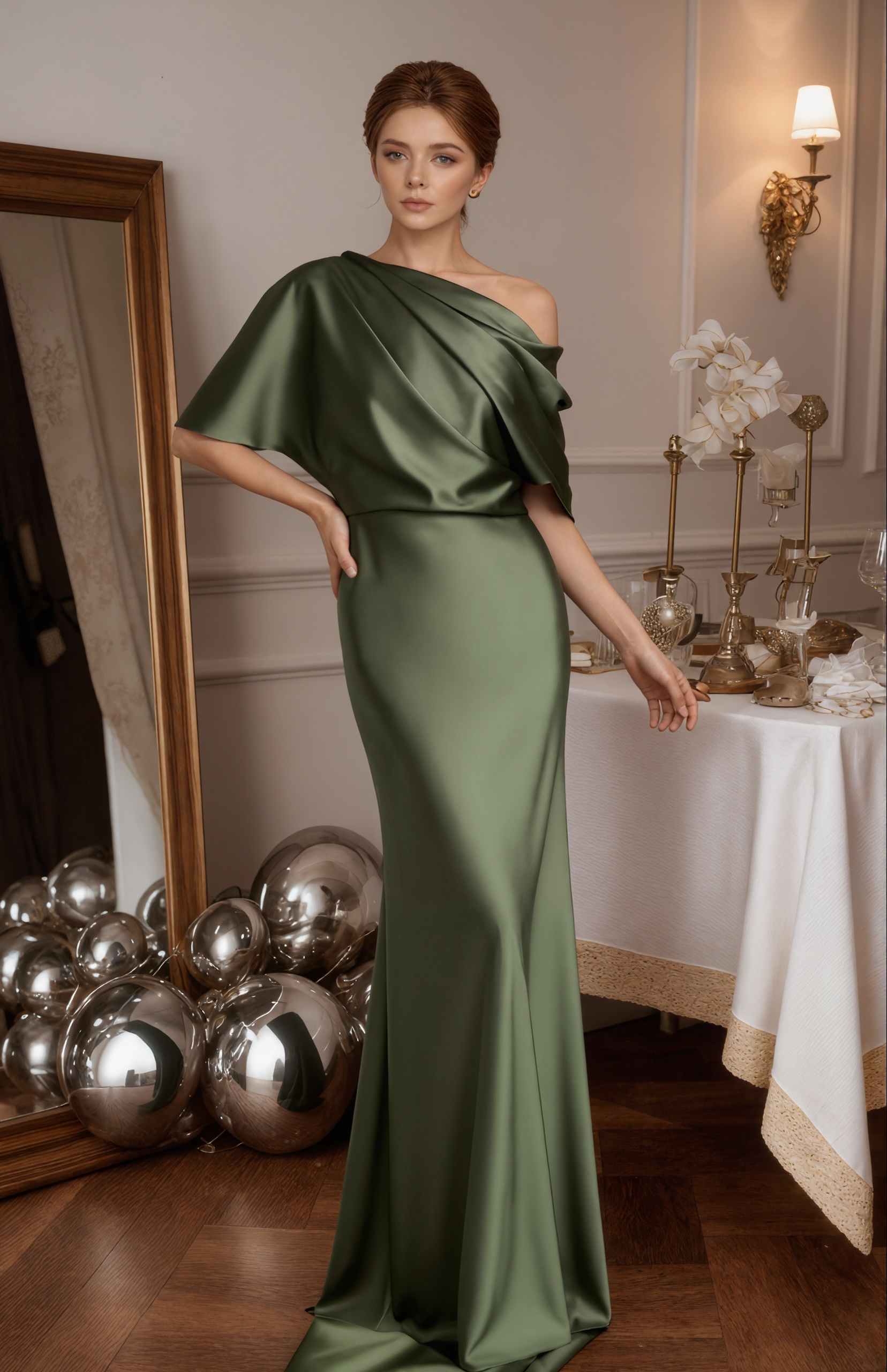 Mermaid One-Shoulder Satin Floor-Length Draped Formal Evening Gown