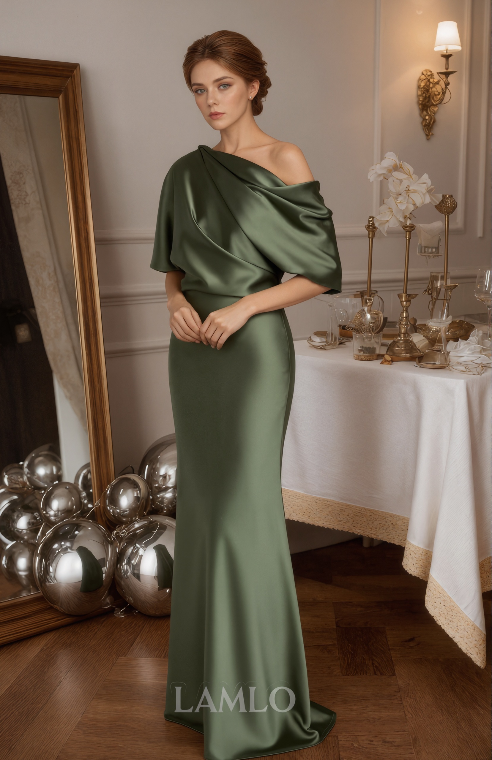 Mermaid One-Shoulder Satin Floor-Length Draped Formal Evening Gown