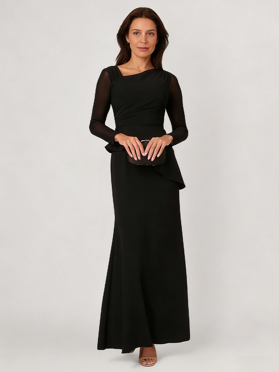 Mermaid One-Shoulder Chiffon Floor-Length Sheer Sleeve Mother of the Bride Dress