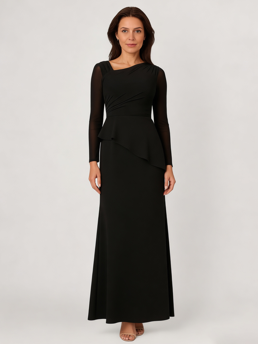 Mermaid One-Shoulder Chiffon Floor-Length Sheer Sleeve Mother of the Bride Dress