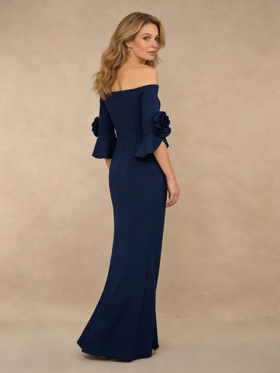 Sheath Off-the-Shoulder Chiffon Floor-Length Floral Sleeve Mother of the Bride Dress