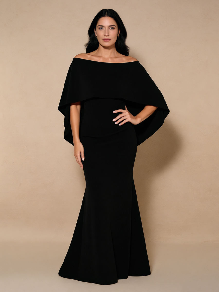 Mermaid Off-the-Shoulder Chiffon Floor-Length Cape Sleeve Mother of the Bride Dress