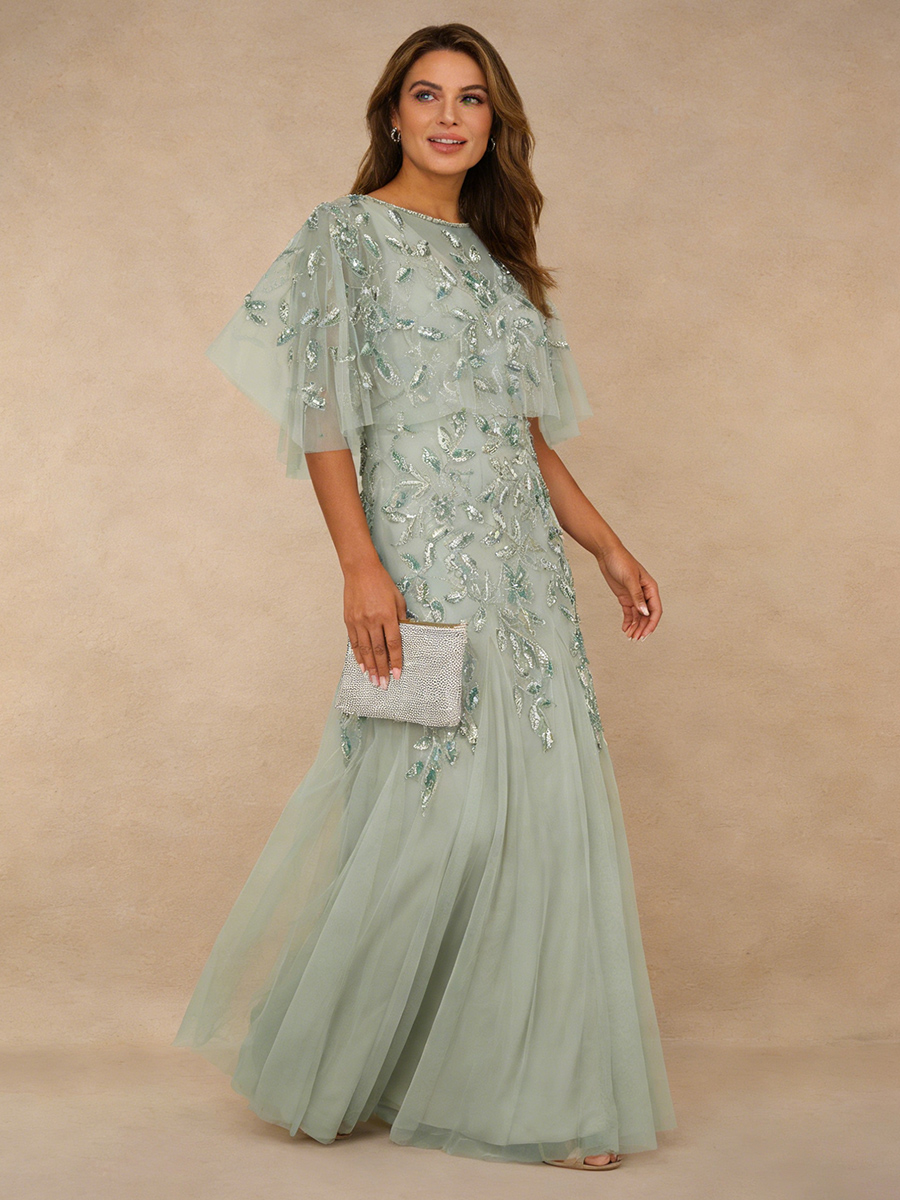 A-Line Crew Neck Lace Floor-Length Beaded Mother of the Bride Dress