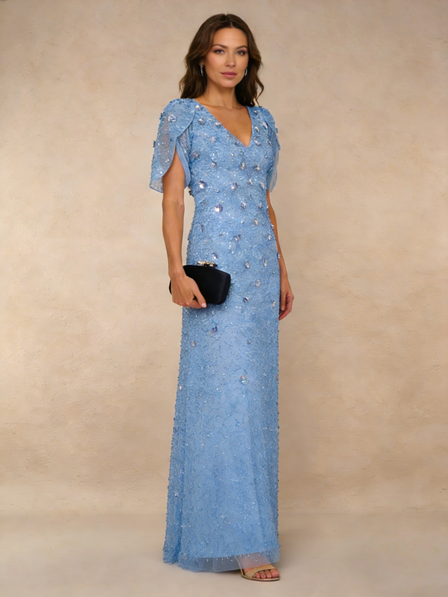 Sheath V-Neck Lace Floor-Length Sequin Mother of the Bride Dress
