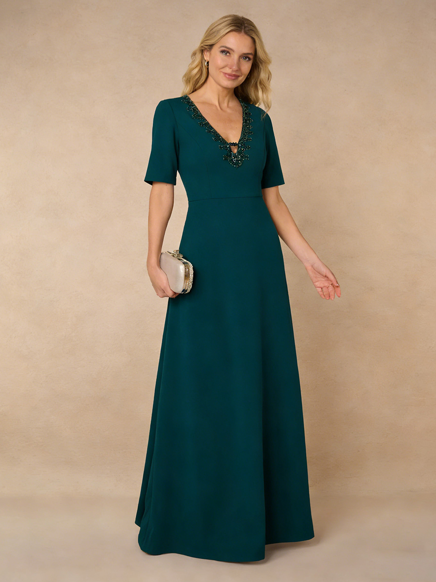 A-Line V-Neck Chiffon Floor-Length Beaded Mother of the Bride Dress