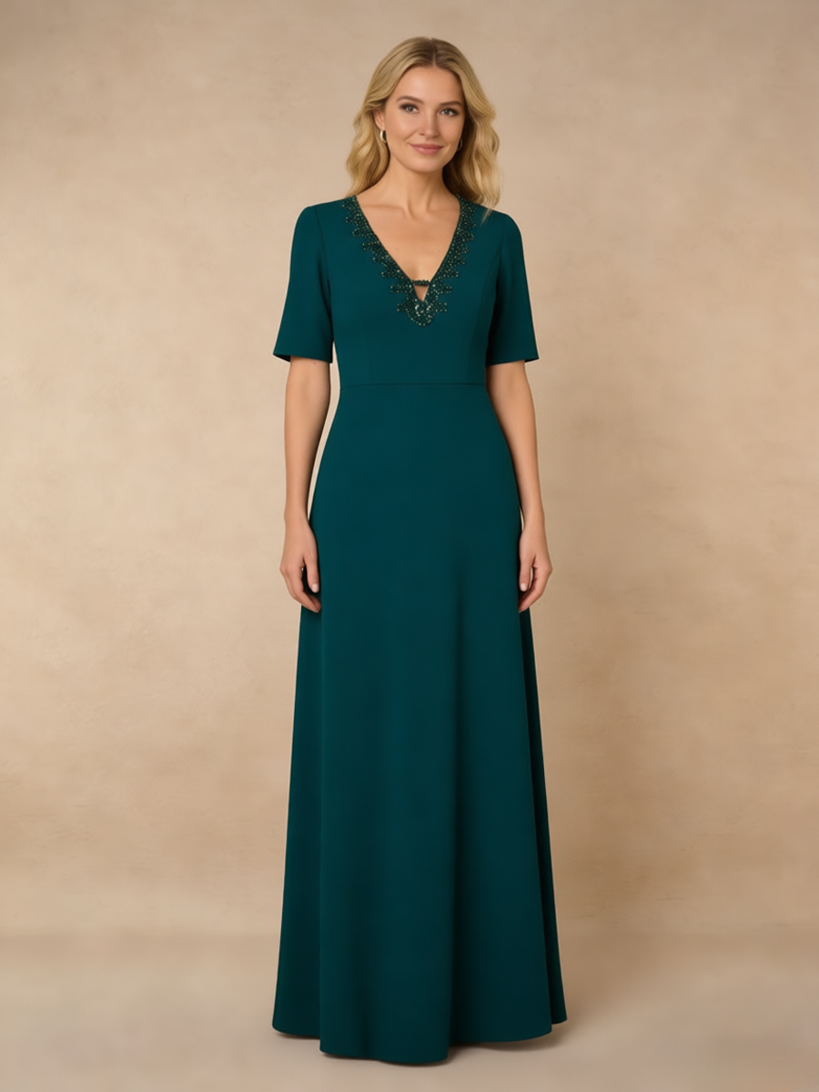 A-Line V-Neck Chiffon Floor-Length Beaded Mother of the Bride Dress