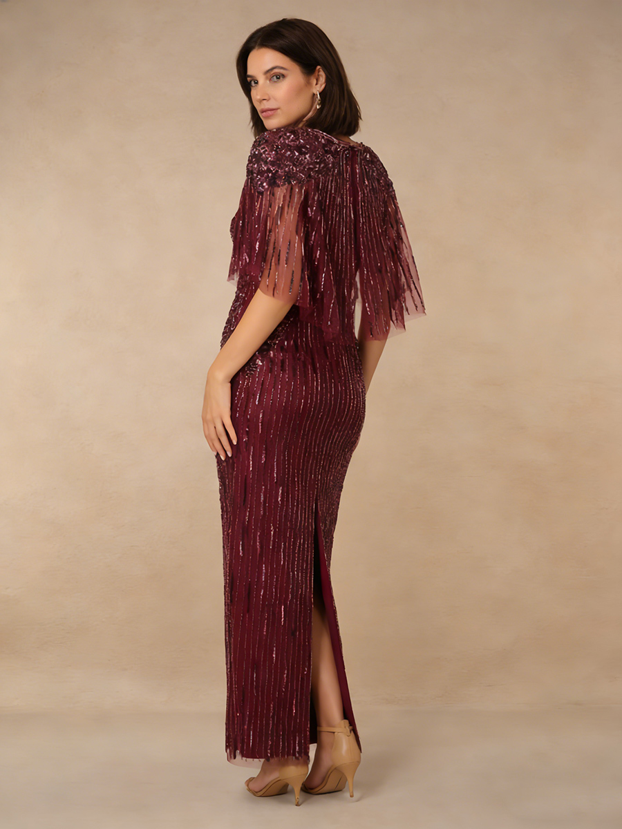 Sheath Crew Neck Sequins Floor-Length Cape Sleeve Mother of the Bride Dress