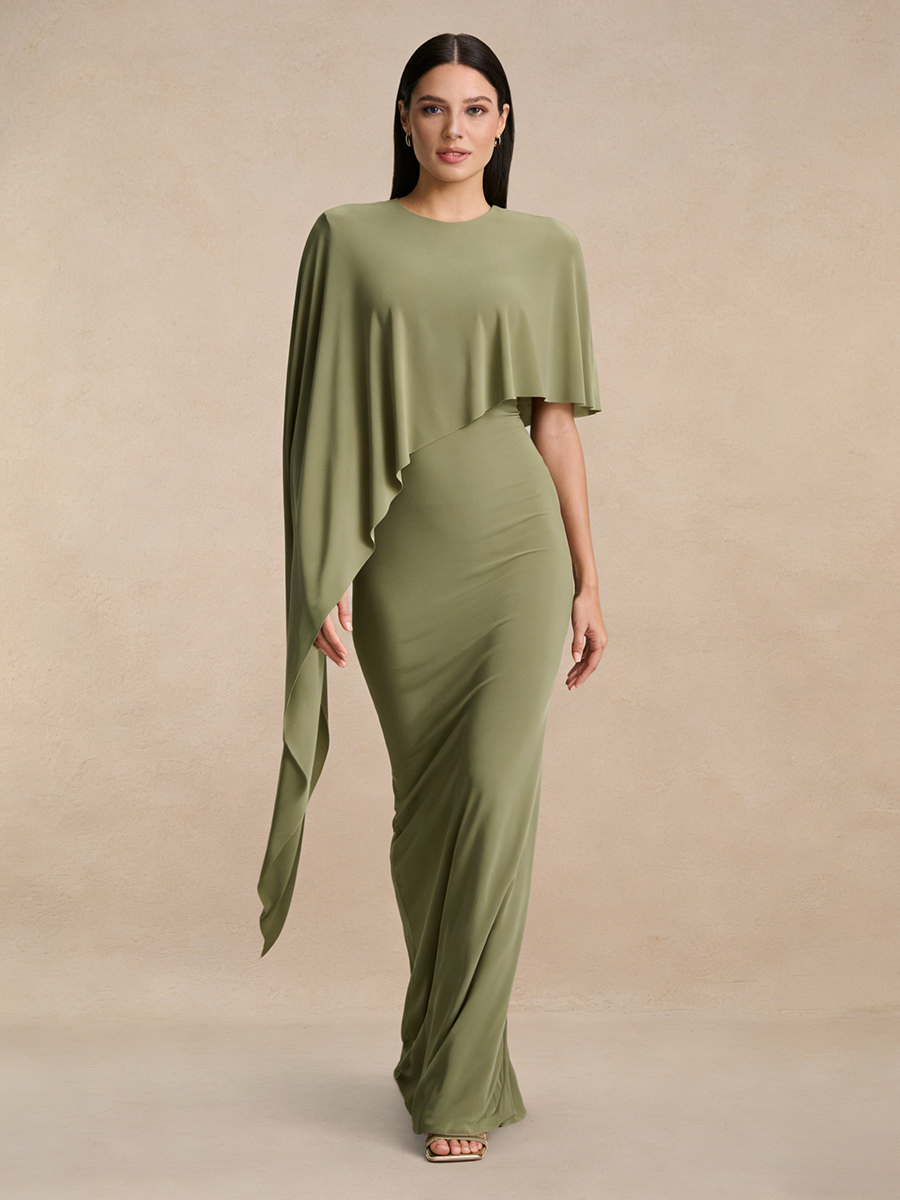Mermaid Crew Neck Chiffon Floor-Length Asymmetric Cape Formal Evening Gown