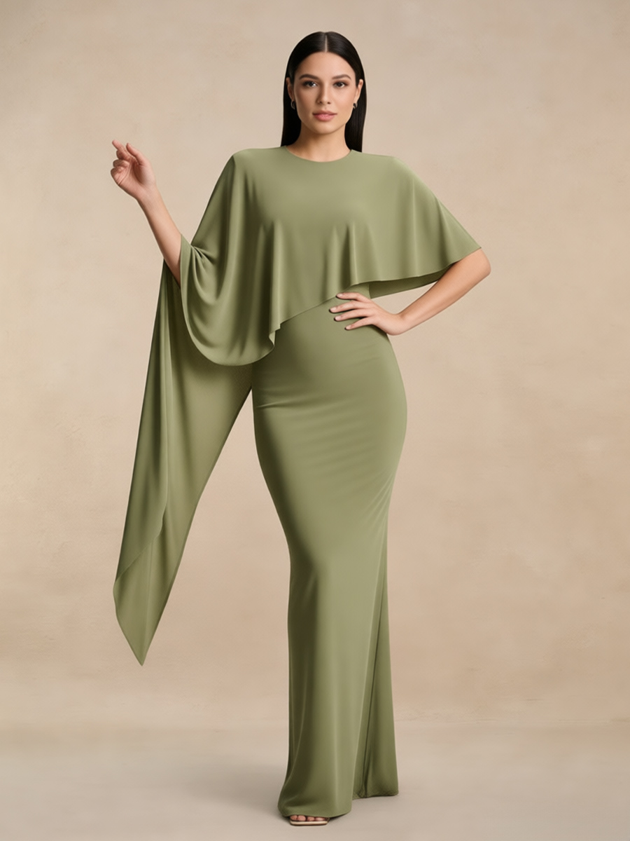 Mermaid Crew Neck Chiffon Floor-Length Asymmetric Cape Formal Evening Gown