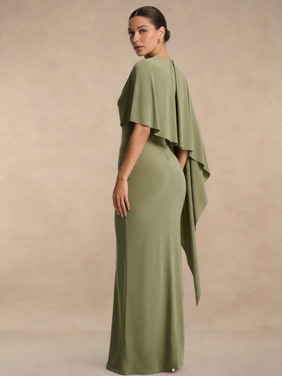 Mermaid Crew Neck Chiffon Floor-Length Asymmetric Cape Formal Evening Gown