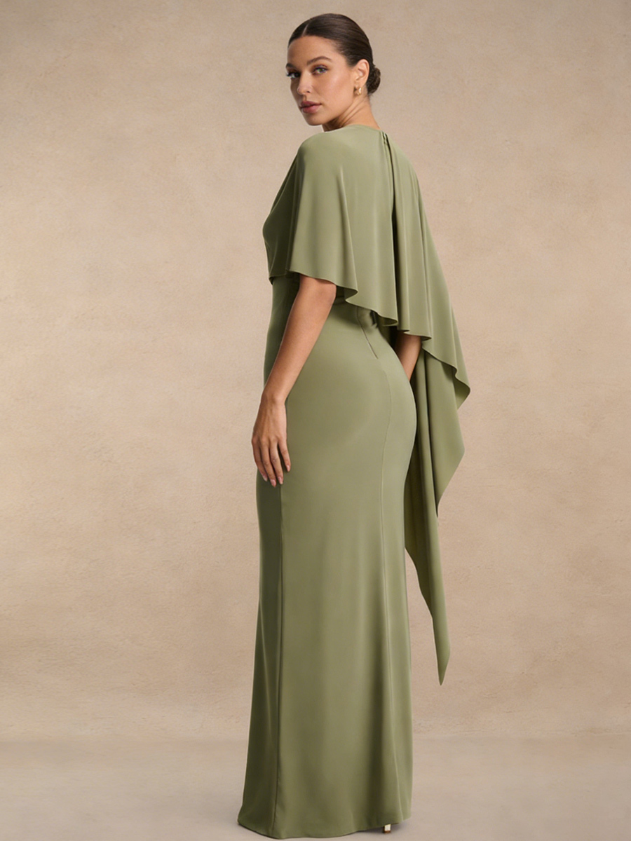 Mermaid Crew Neck Chiffon Floor-Length Asymmetric Cape Formal Evening Gown