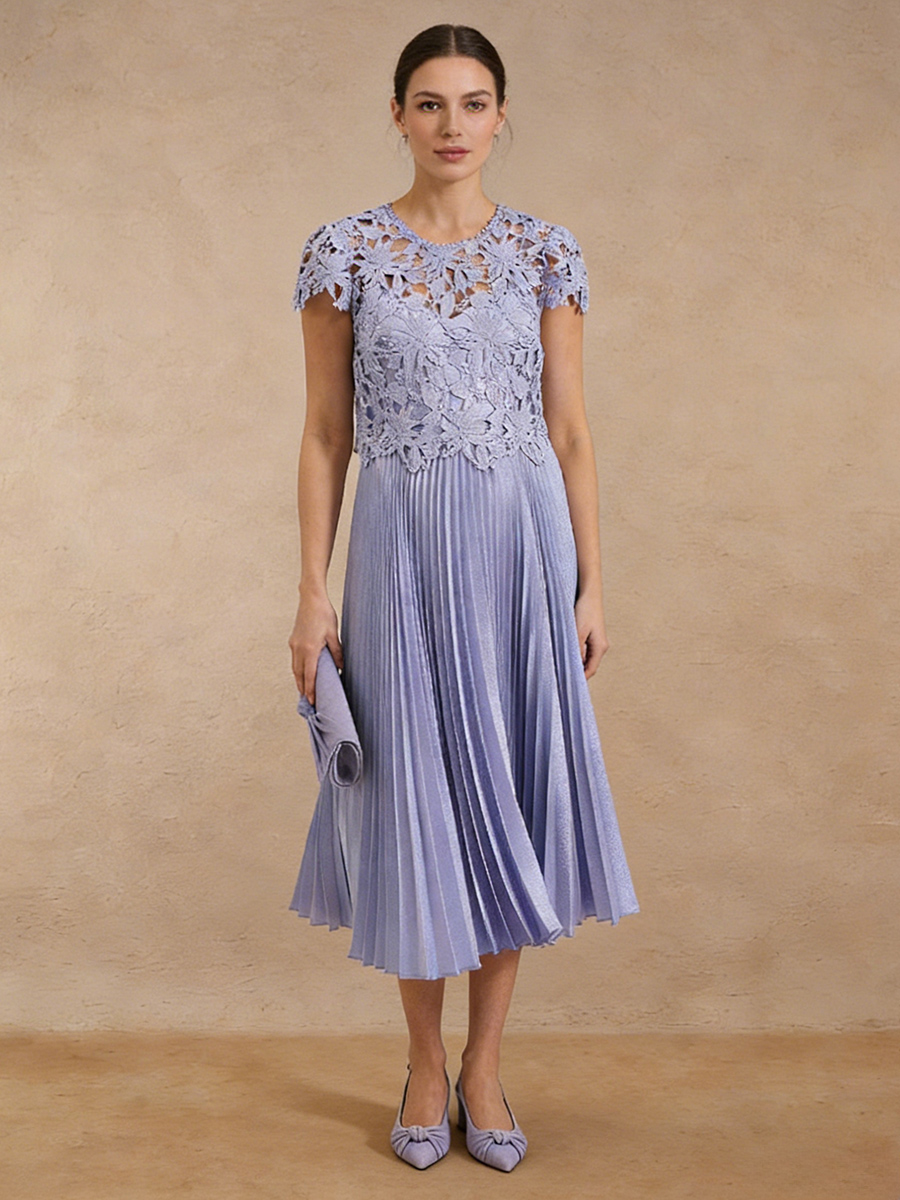 A-Line Crew Neck Lace Midi-Length Pleated Mother of the Bride Dress