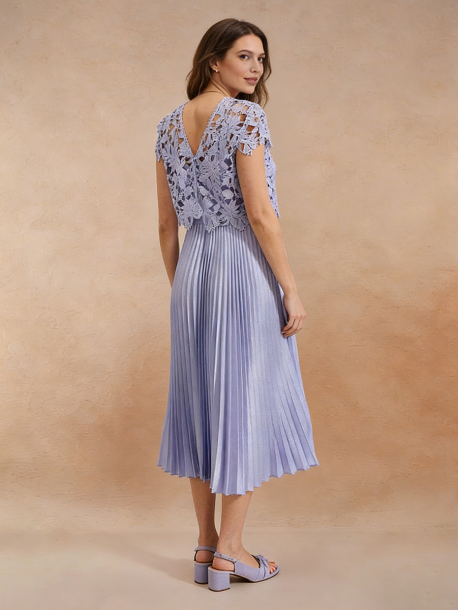 A-Line Crew Neck Lace Midi-Length Pleated Mother of the Bride Dress