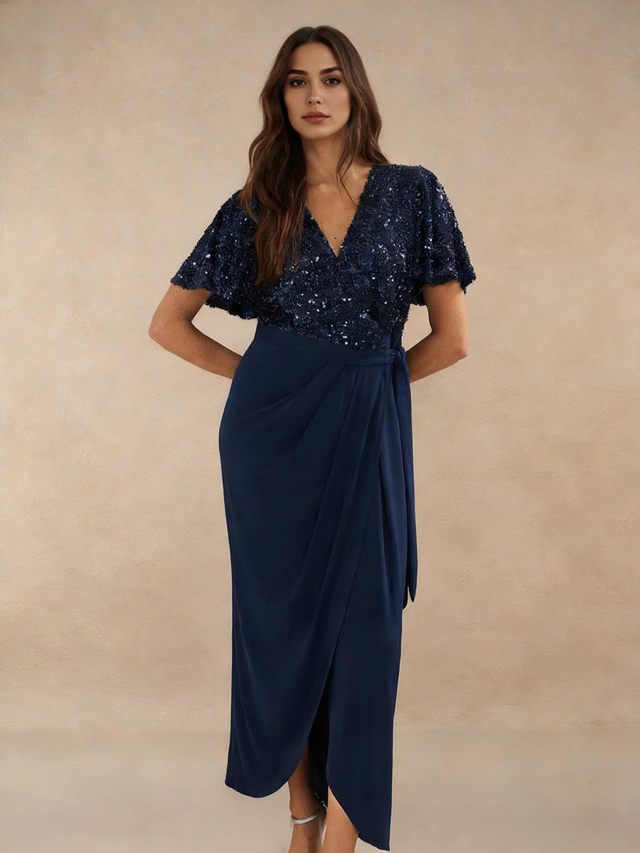 A-Line V-Neck Sequins & Chiffon Maxi-Length Wrap Mother of the Bride Dress