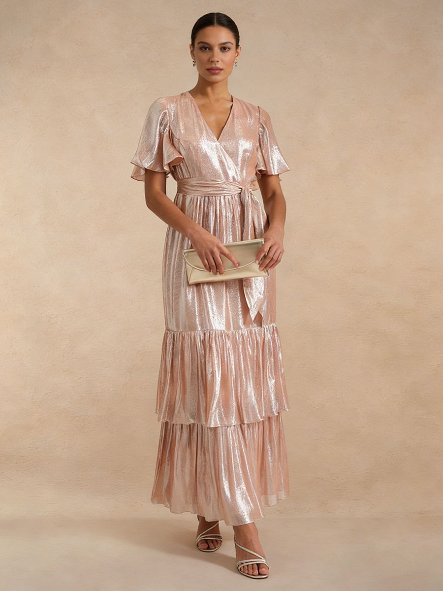A-Line V-Neck Metallic Chiffon Maxi-Length Tiered Ruffle Mother of the Bride Dress