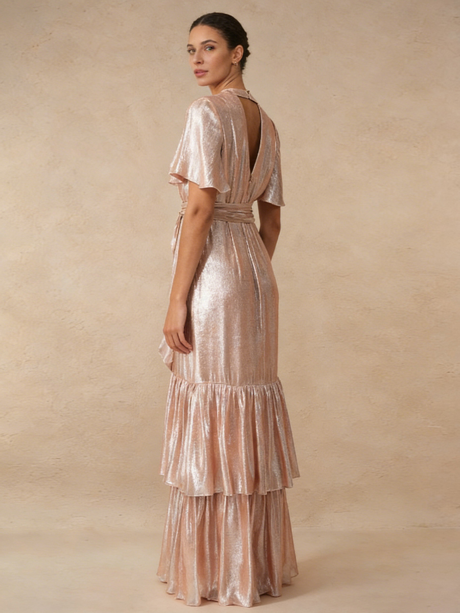 A-Line V-Neck Metallic Chiffon Maxi-Length Tiered Ruffle Mother of the Bride Dress