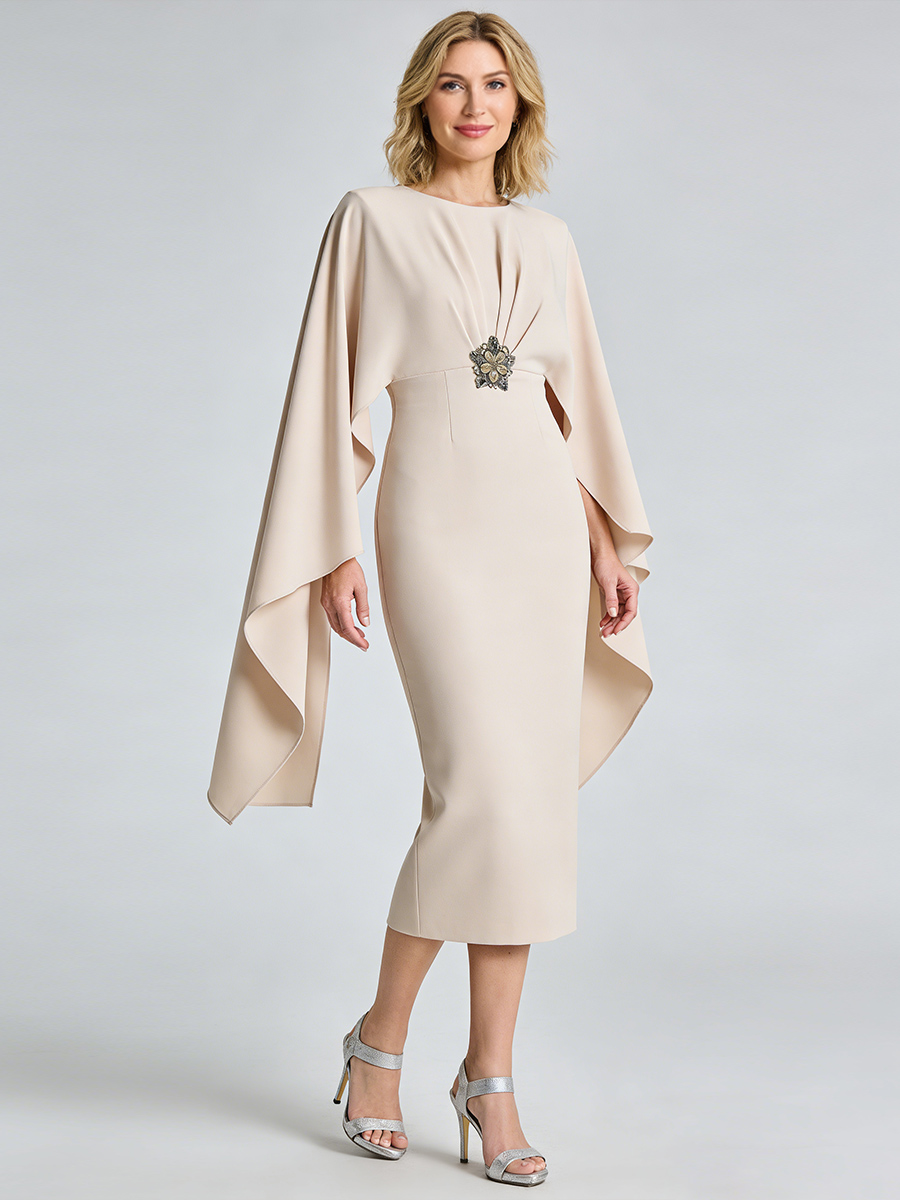 Sheath Crew Neck Satin Midi-Length Cape Sleeve Mother of the Bride Dress