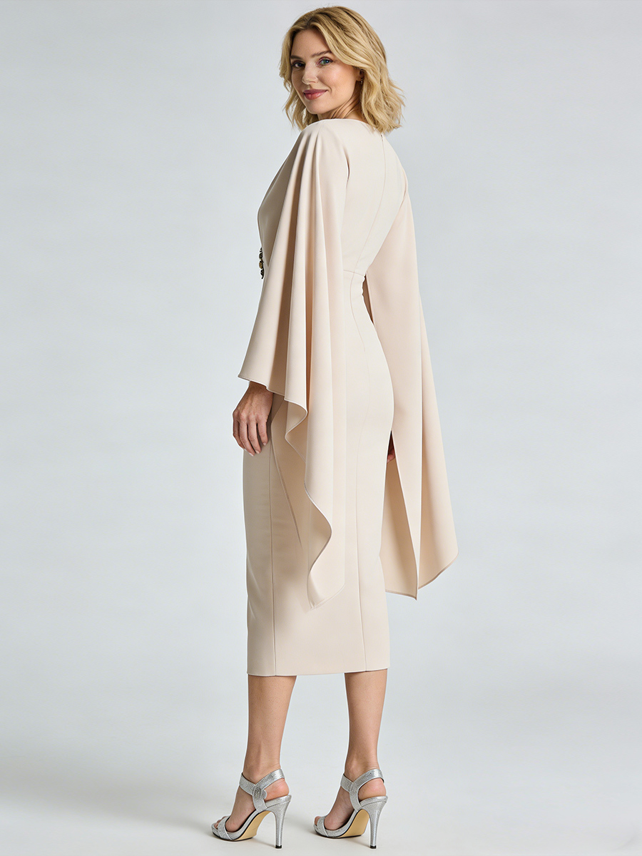 Sheath Crew Neck Satin Midi-Length Cape Sleeve Mother of the Bride Dress