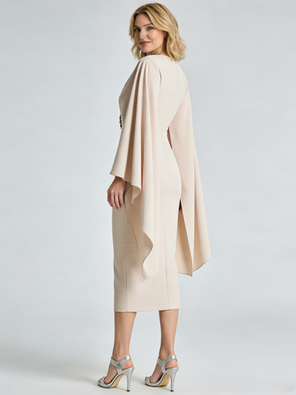 Sheath Crew Neck Satin Midi-Length Cape Sleeve Mother of the Bride Dress