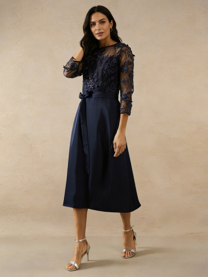 A-Line Crew Neck Lace & Satin Midi-Length Mother of the Bride Dress