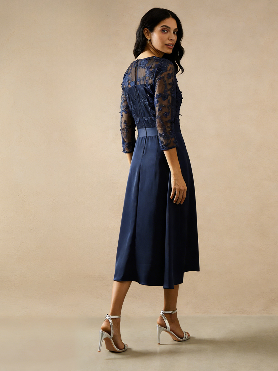 A-Line Crew Neck Lace & Satin Midi-Length Mother of the Bride Dress