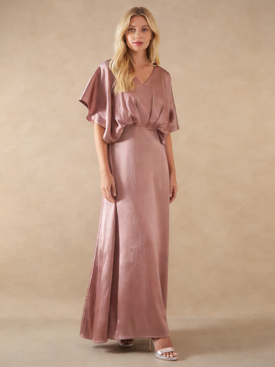A-Line V-Neck Satin Floor-Length Flutter Sleeve Mother of the Bride Dress