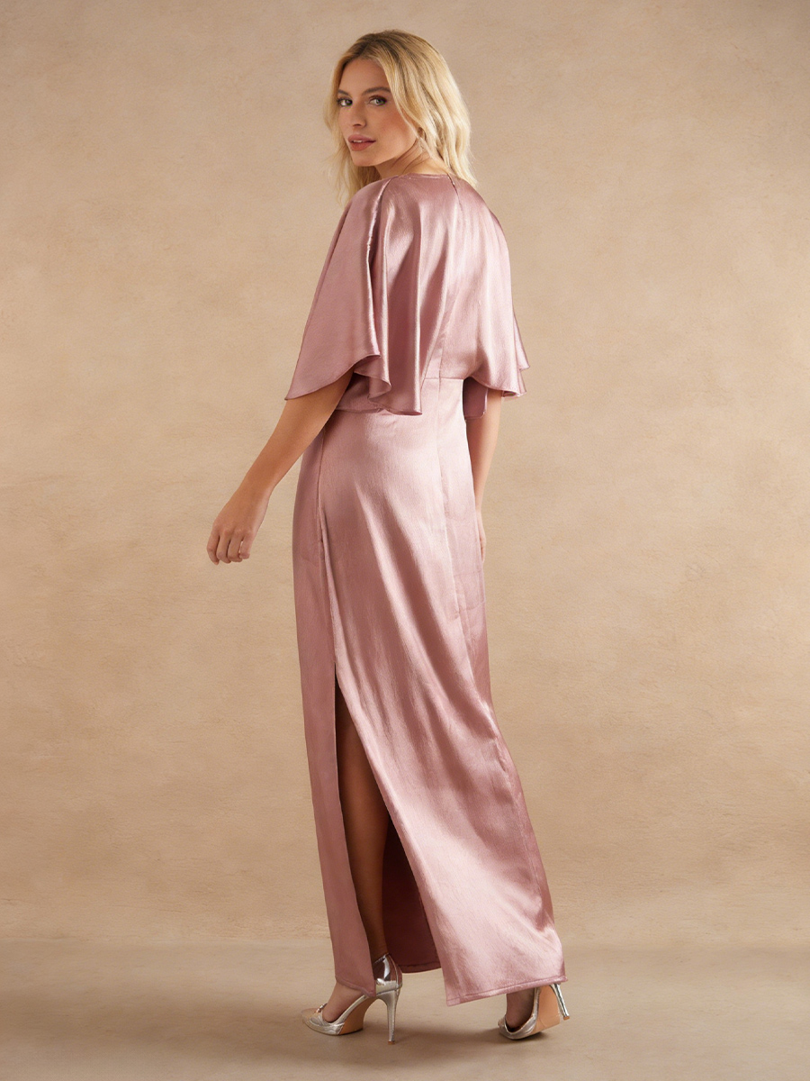 A-Line V-Neck Satin Floor-Length Flutter Sleeve Mother of the Bride Dress
