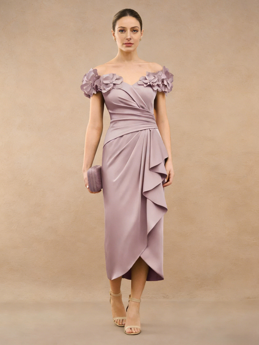 Sheath Off-the-Shoulder Satin Midi-Length Ruffle Mother of the Bride Dress