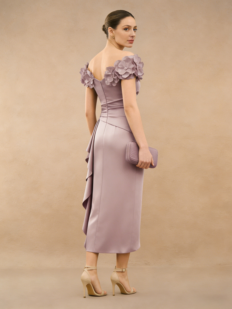 Sheath Off-the-Shoulder Satin Midi-Length Ruffle Mother of the Bride Dress