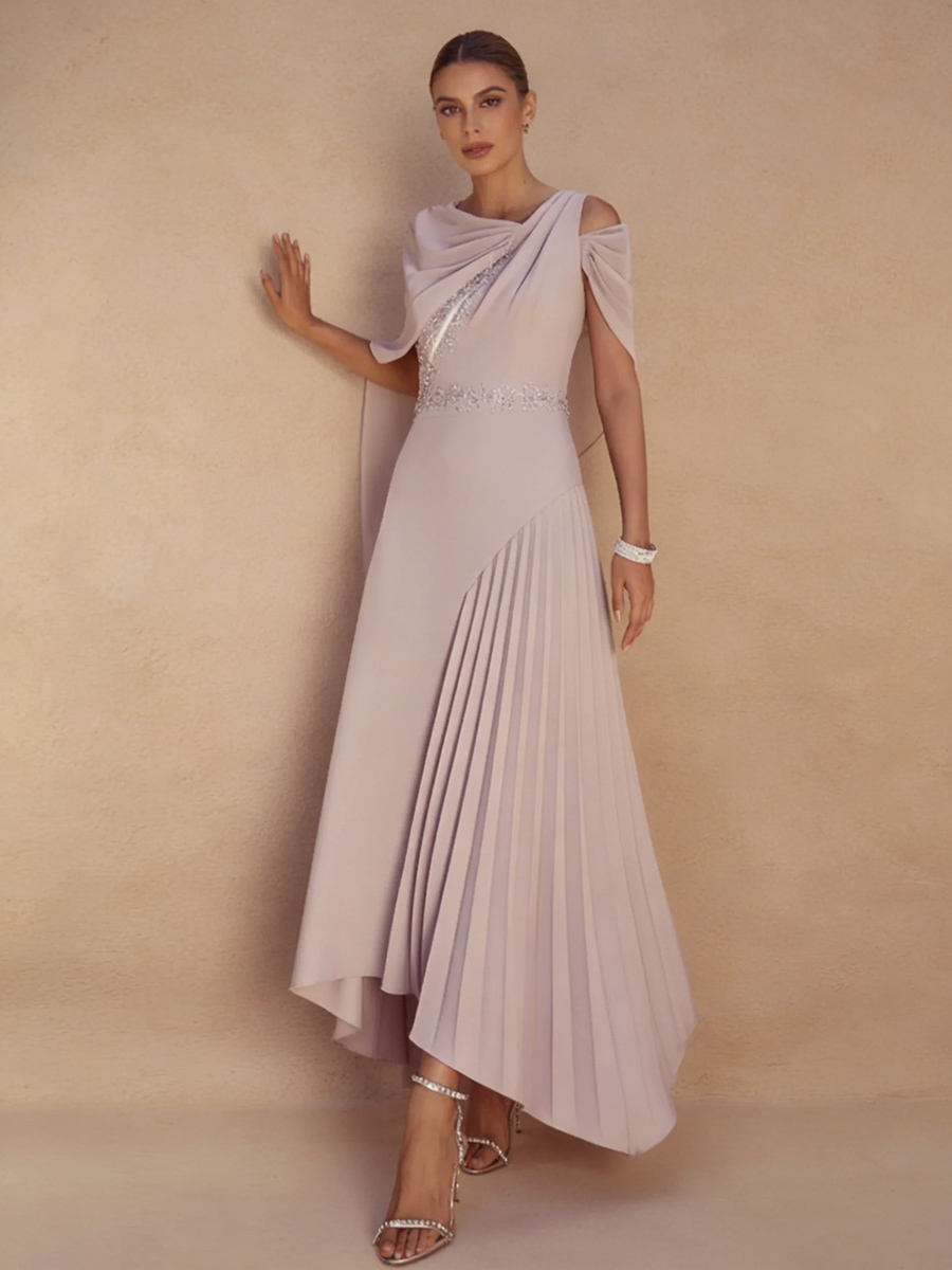 A-Line One-Shoulder Chiffon Floor-Length Pleated Beaded Mother of the Bride Dress