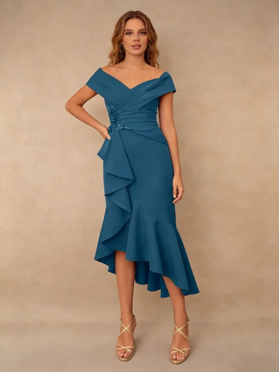 Mermaid Off-the-Shoulder Chiffon Midi-Length Ruffle Mother of the Bride Dress