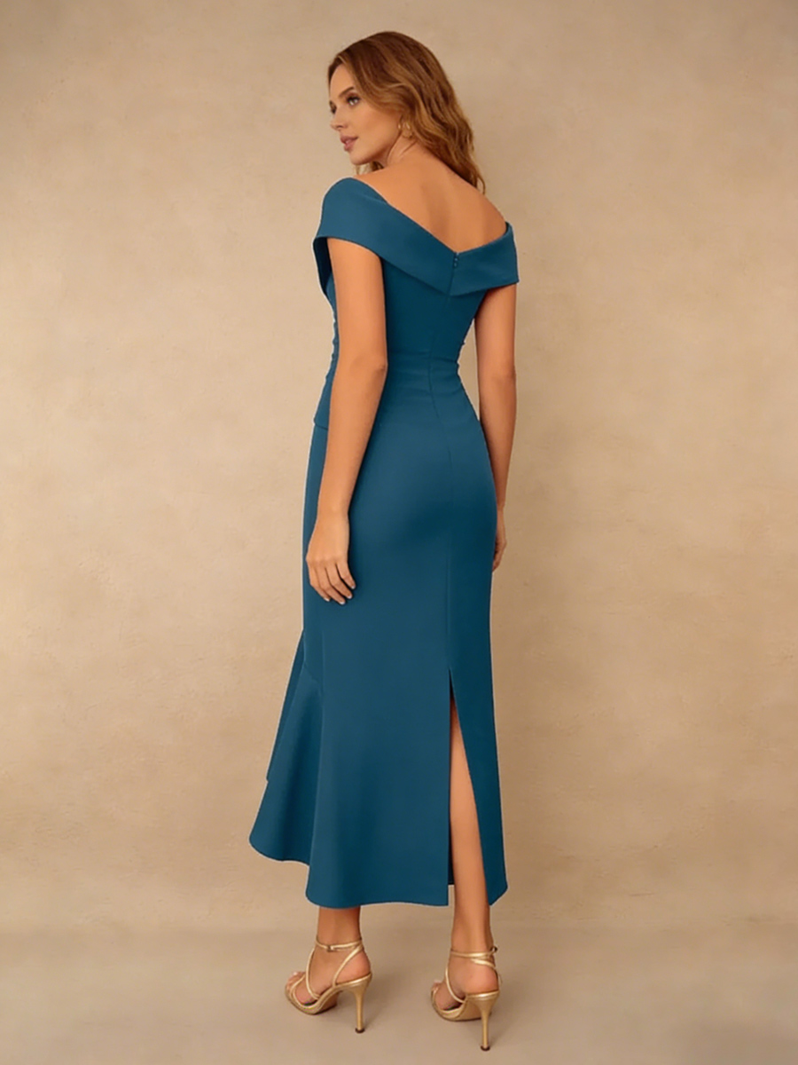 Mermaid Off-the-Shoulder Chiffon Midi-Length Ruffle Mother of the Bride Dress