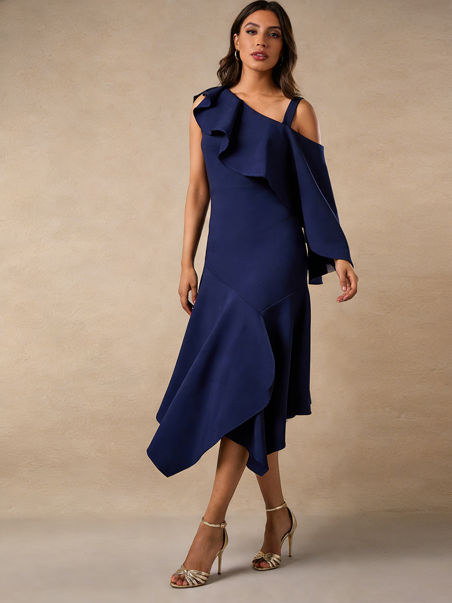 Sheath One-Shoulder Satin Midi-Length Ruffle Mother of the Bride Dress