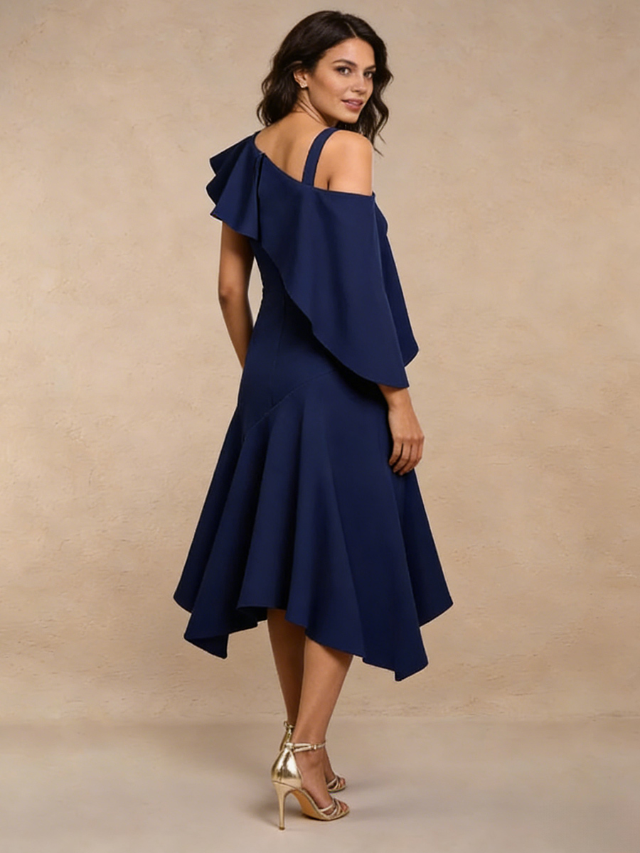 Sheath One-Shoulder Satin Midi-Length Ruffle Mother of the Bride Dress