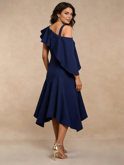 Sheath One-Shoulder Satin Midi-Length Ruffle Mother of the Bride Dress