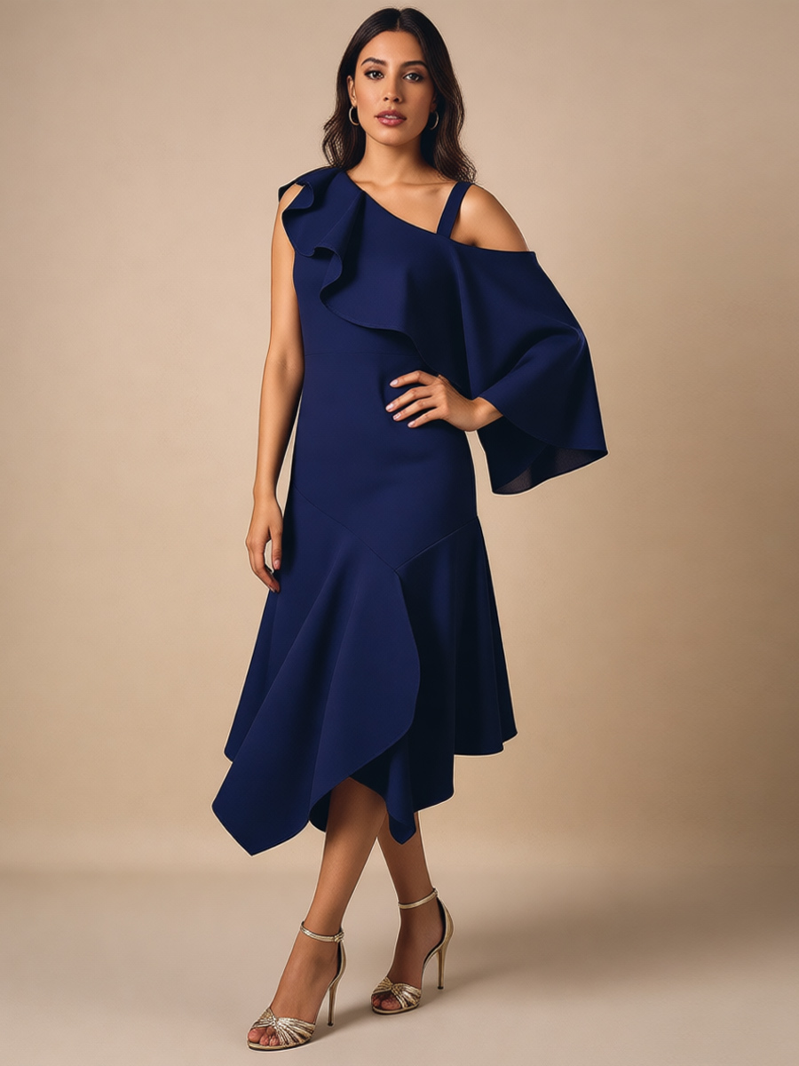 Sheath One-Shoulder Satin Midi-Length Ruffle Mother of the Bride Dress