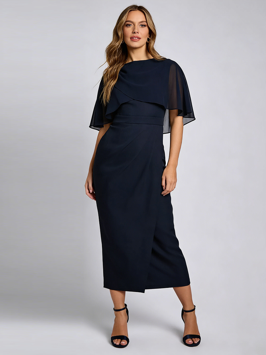 Sheath Crew Neck Chiffon Midi-Length Cape Sleeve Mother of the Bride Dress