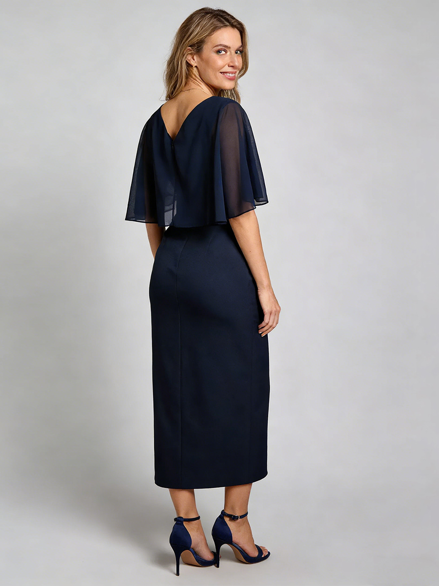 Sheath Crew Neck Chiffon Midi-Length Cape Sleeve Mother of the Bride Dress