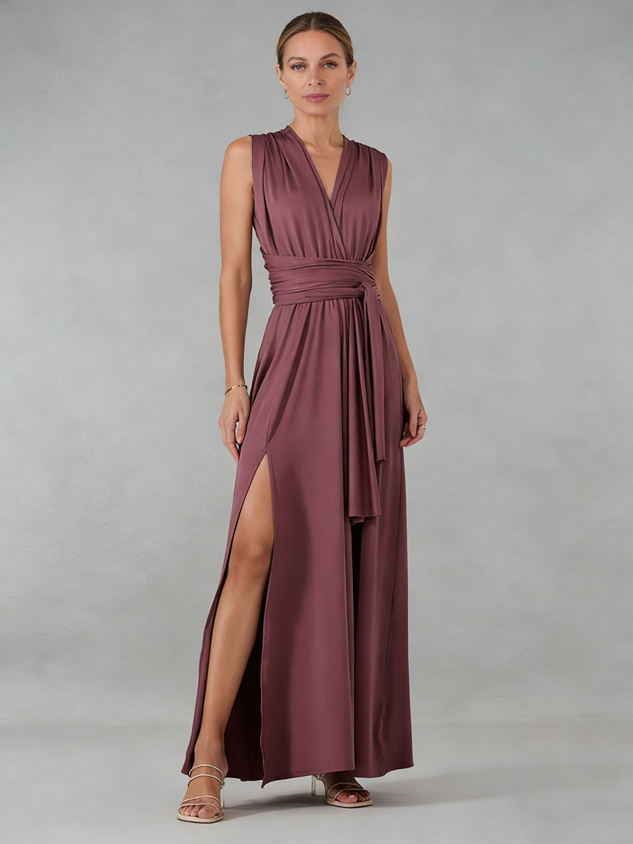A-Line V-Neck Satin Floor-Length Wrap Mother of the Bride Dress