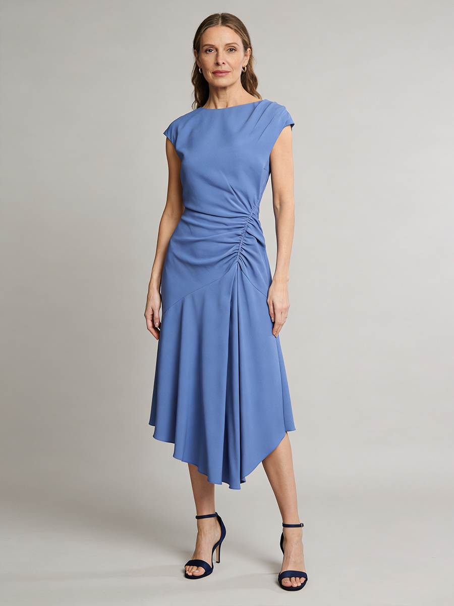 A-Line Crew Neck Satin Midi-Length Ruched Mother of the Bride Dress