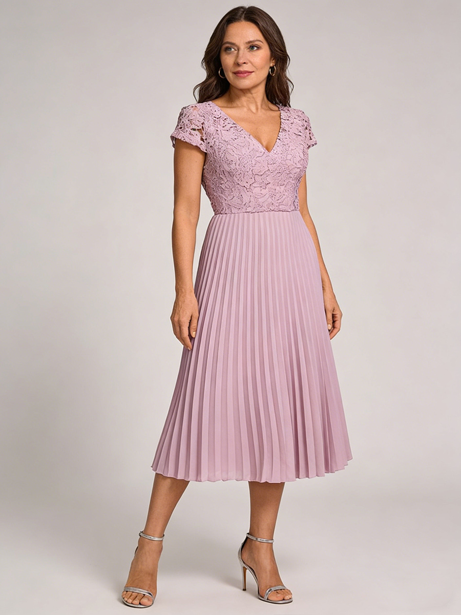 A-Line V-Neck Lace Midi-Length Pleated Mother of the Bride Dress