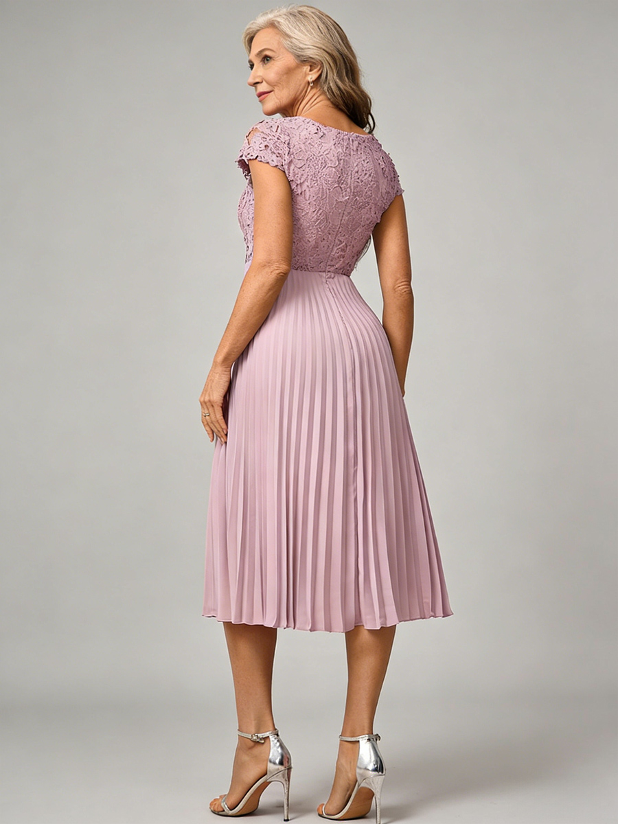 A-Line V-Neck Lace Midi-Length Pleated Mother of the Bride Dress