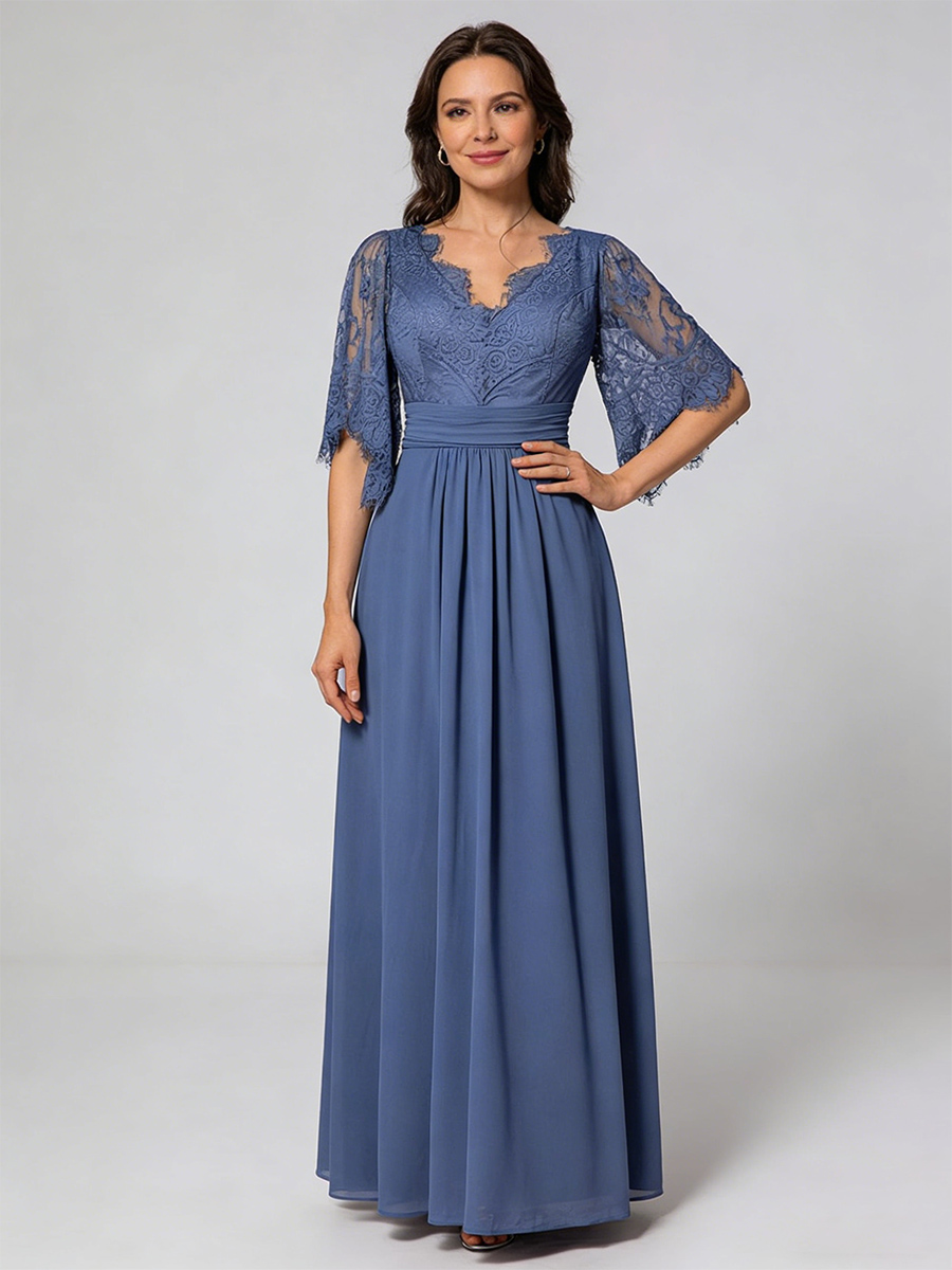 A-Line V-Neck Lace & Chiffon Floor-Length Flutter Sleeve Mother of the Bride Dress