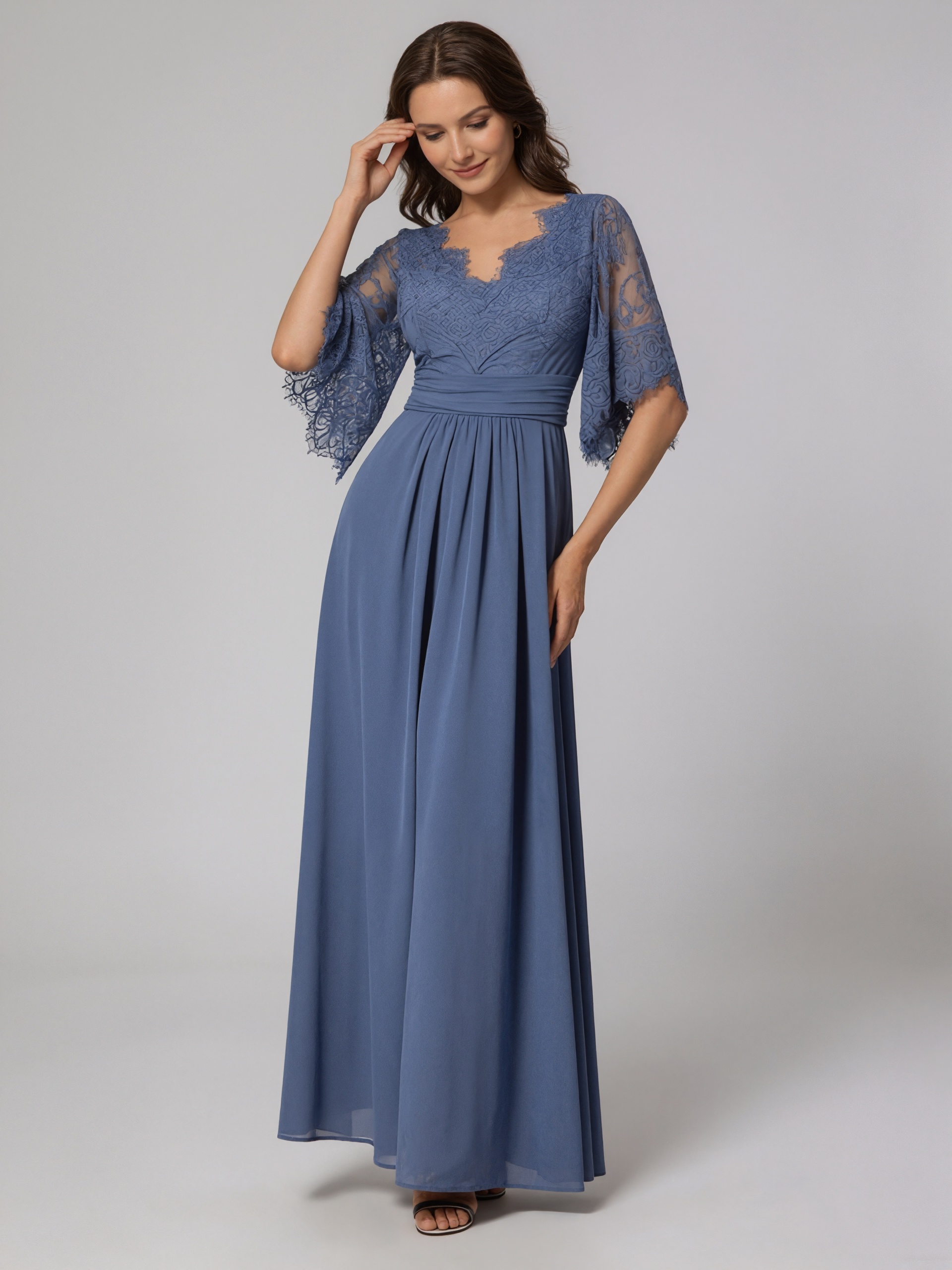 A-Line V-Neck Lace & Chiffon Floor-Length Flutter Sleeve Mother of the Bride Dress