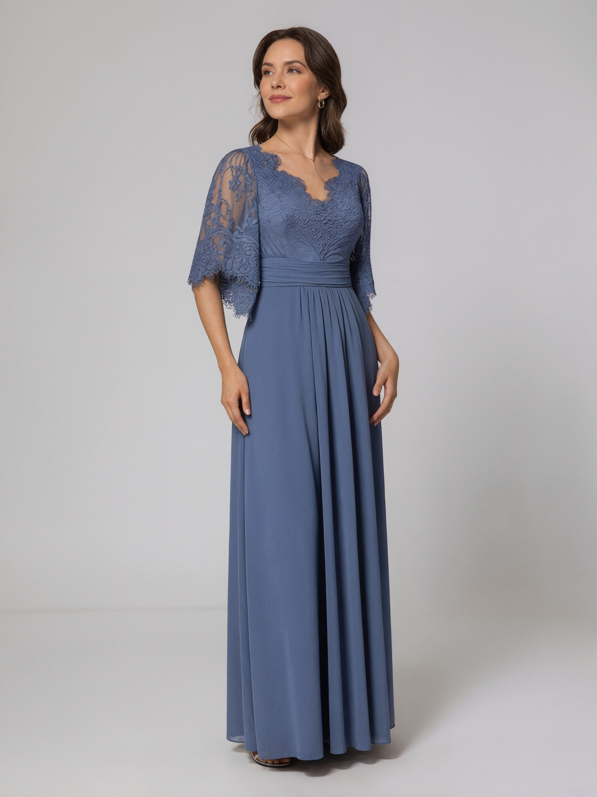 A-Line V-Neck Lace & Chiffon Floor-Length Flutter Sleeve Mother of the Bride Dress