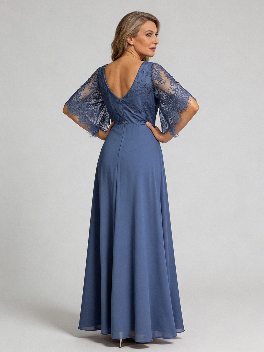 A-Line V-Neck Lace & Chiffon Floor-Length Flutter Sleeve Mother of the Bride Dress