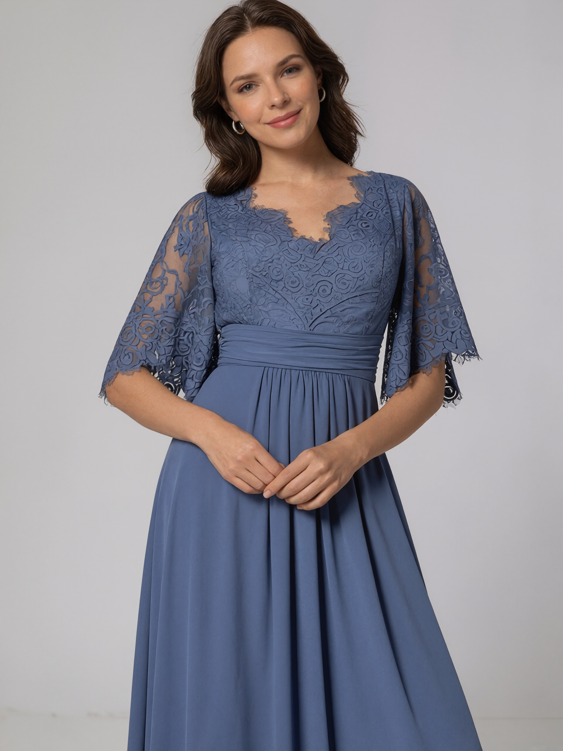 A-Line V-Neck Lace & Chiffon Floor-Length Flutter Sleeve Mother of the Bride Dress